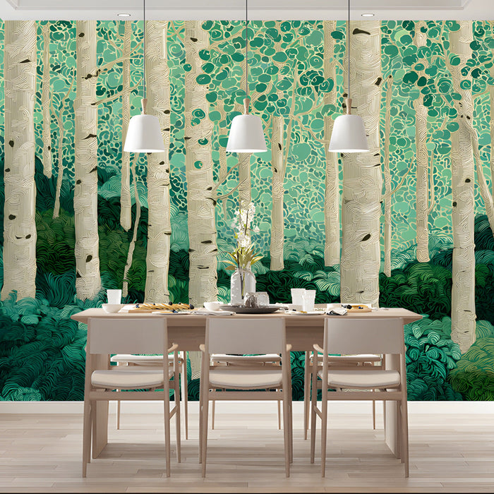 Dining room with botanical aspen forest wallpaper and natural wood furniture.