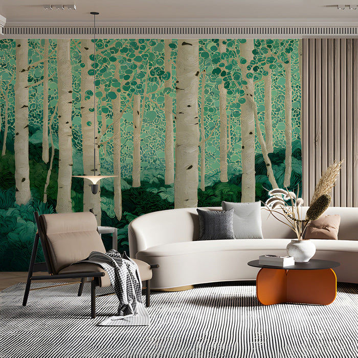 A cozy living room with a green aspen forest wallpaper behind a wooden bed frame.
