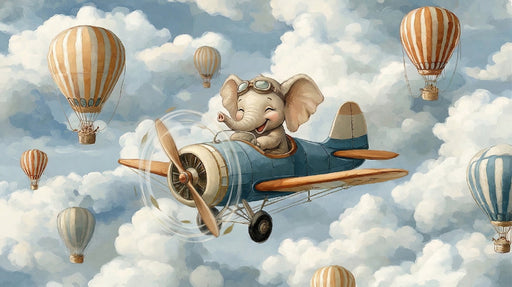 A whimsical mural featuring a smiling elephant in goggles piloting a vintage blue airplane amidst white clouds and ochre hot air balloons.