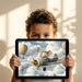 A creative playroom for kids showing the sky themed mural with soft blue tones and vintage flying elements.