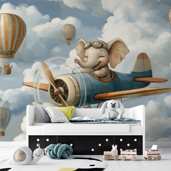 A cozy reading corner in a bedroom with the elephant aviator mural providing a playful and imaginative backdrop.