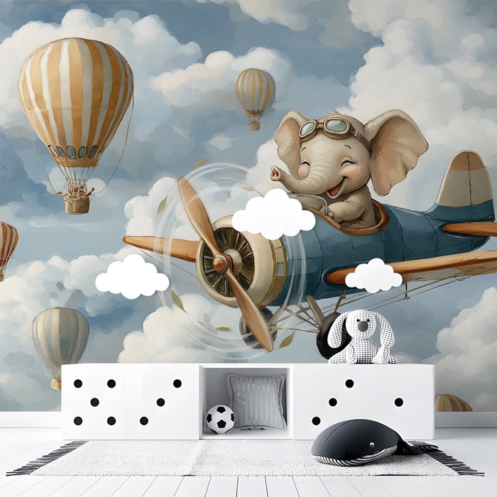 A bright nursery room featuring the flying elephant mural on a large accent wall behind a white wooden crib.