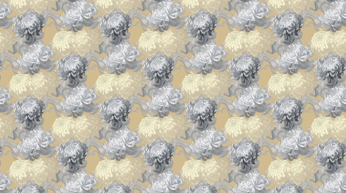 A repeating pattern of intricate chrysanthemum flowers in shades of charcoal gray and creamy white against a soft ochre background.