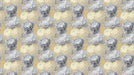 A repeating pattern of intricate chrysanthemum flowers in shades of charcoal gray and creamy white against a soft ochre background.