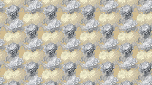 A repeating pattern of intricate chrysanthemum flowers in shades of charcoal gray and creamy white against a soft ochre background.
