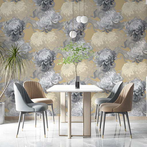 A sophisticated dining room with the vintage-inspired botanical mural on the wall.