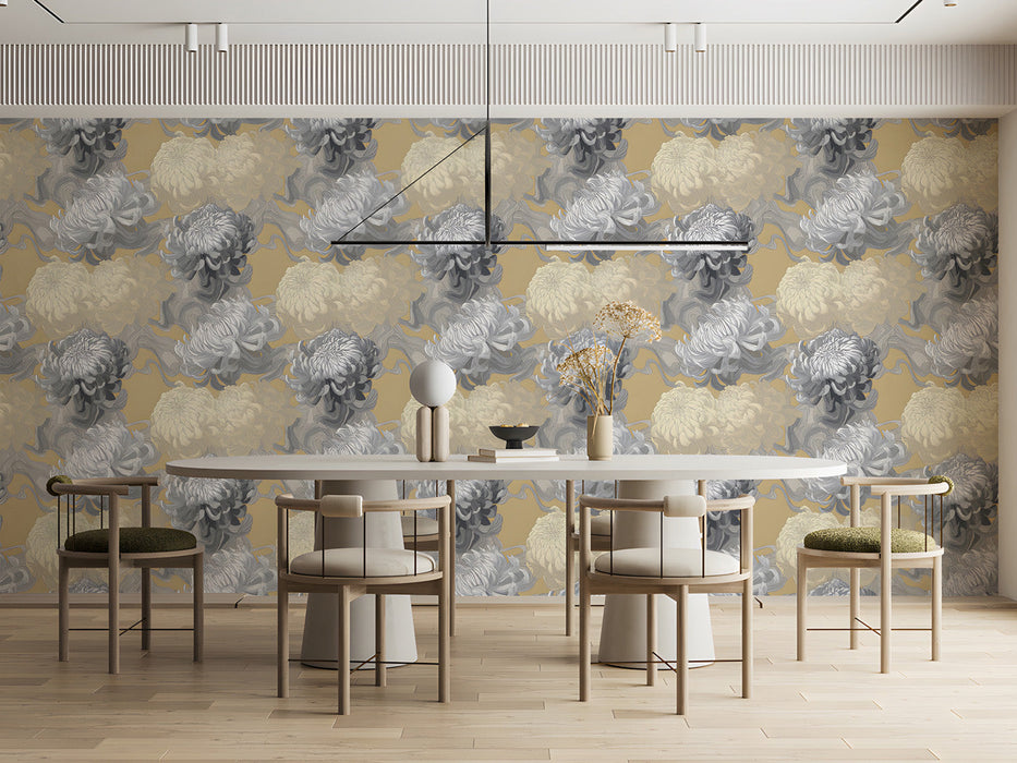 A cozy meeting room featuring the chrysanthemum mural on a feature wall behind a wooden bed frame.