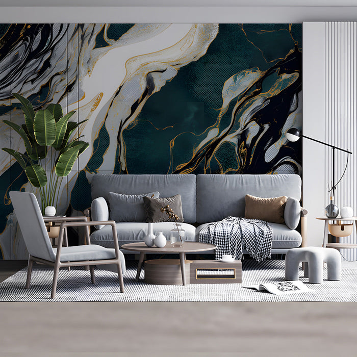 Contemporary living room with a fluid marble wall mural and brass light fixtures