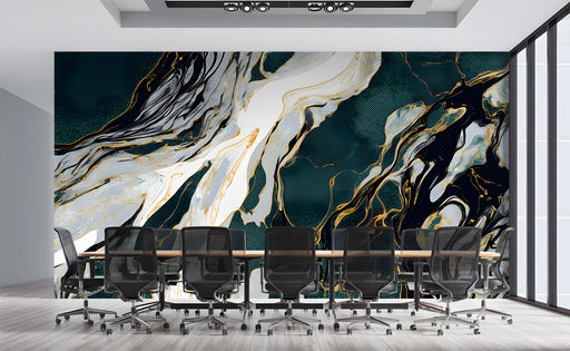 Modern meeting room with a dramatic emerald and black marble accent wall behind a velvet sofa