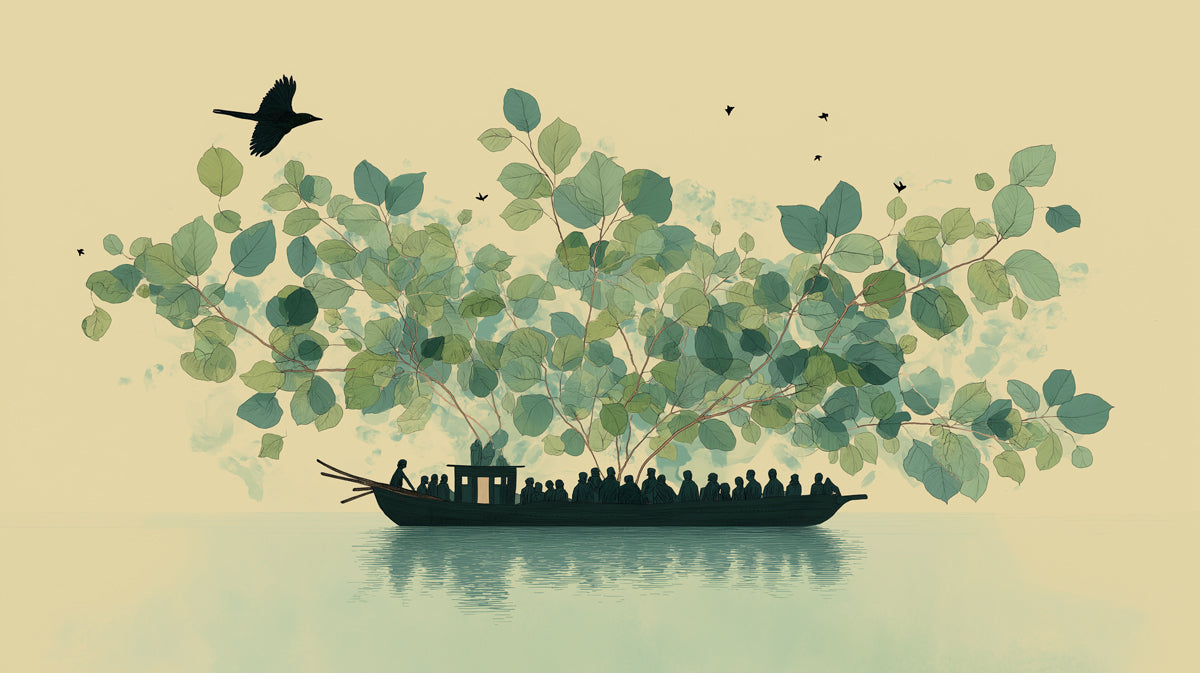 An illustration of a boat with silhouettes of people beneath a large leafy green forest canopy against a pale ochre background.