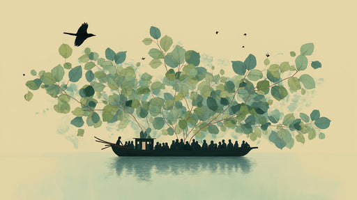 An illustration of a boat with silhouettes of people beneath a large leafy green forest canopy against a pale ochre background.