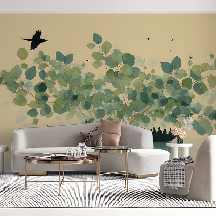 A spacious living room featuring the artistic tree and boat mural to create an immediate sense of storytelling.