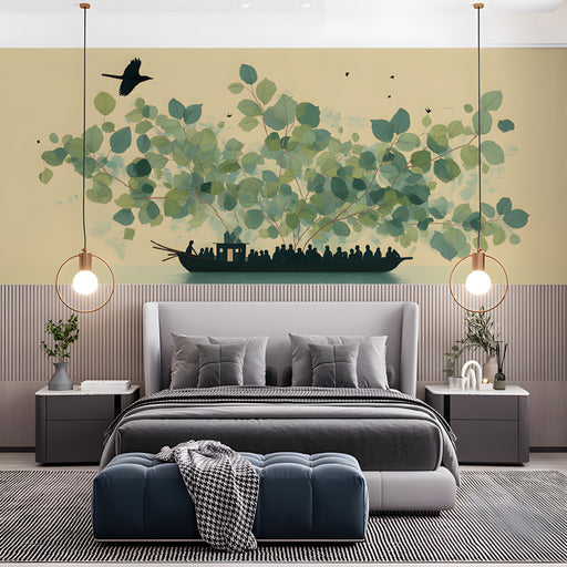 A peaceful bedroom wall featuring the floating boat mural behind a low-profile sofa with linen cushions.