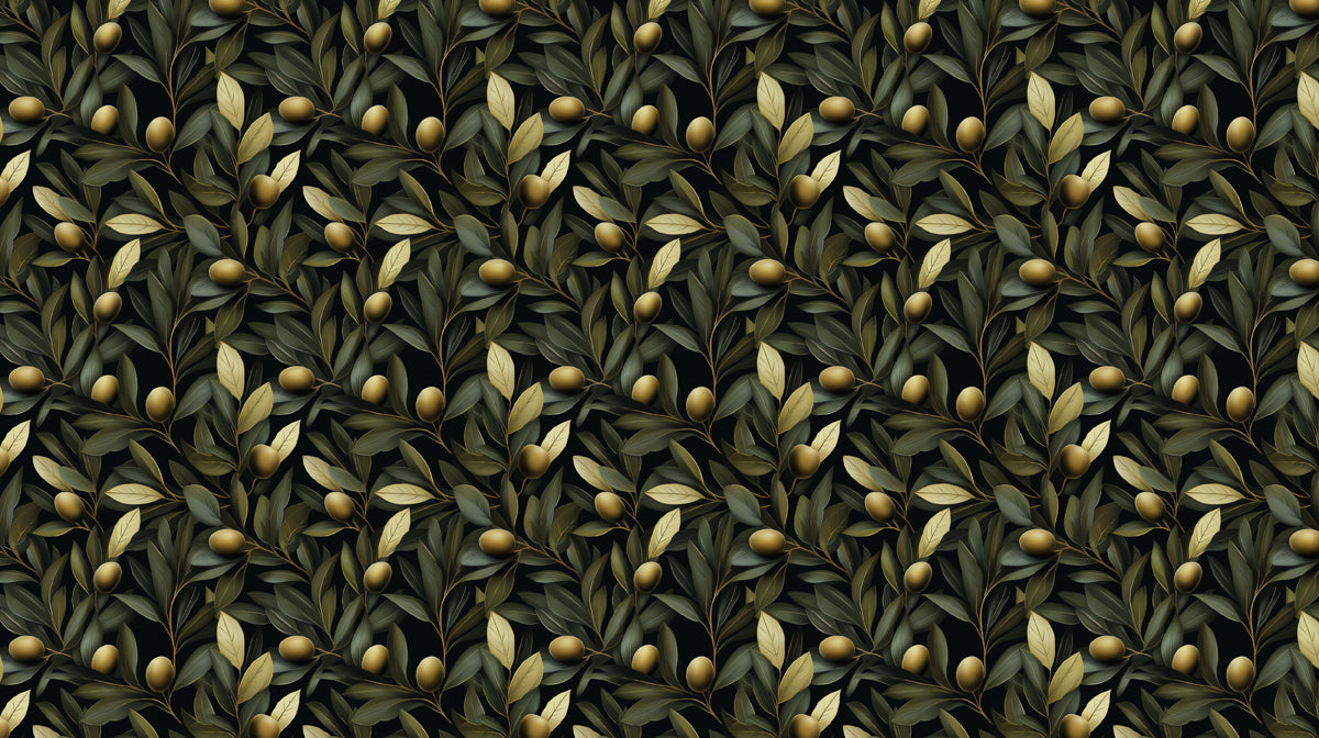 Repeating pattern of dark green olive branches with ochre fruit against a black background