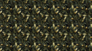 Repeating pattern of dark green olive branches with ochre fruit against a black background
