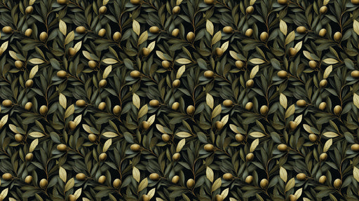 Repeating pattern of dark green olive branches with ochre fruit against a black background