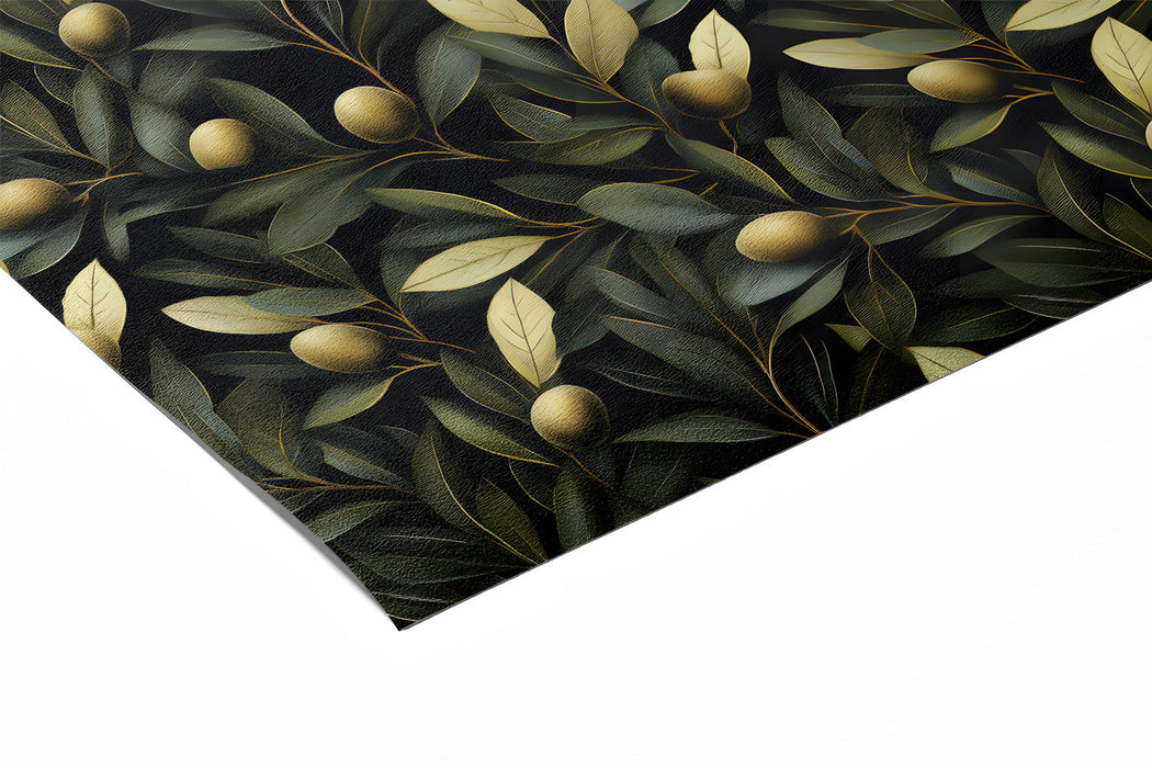 Home library wall with dark botanical olive branch wallpaper and leather armchair