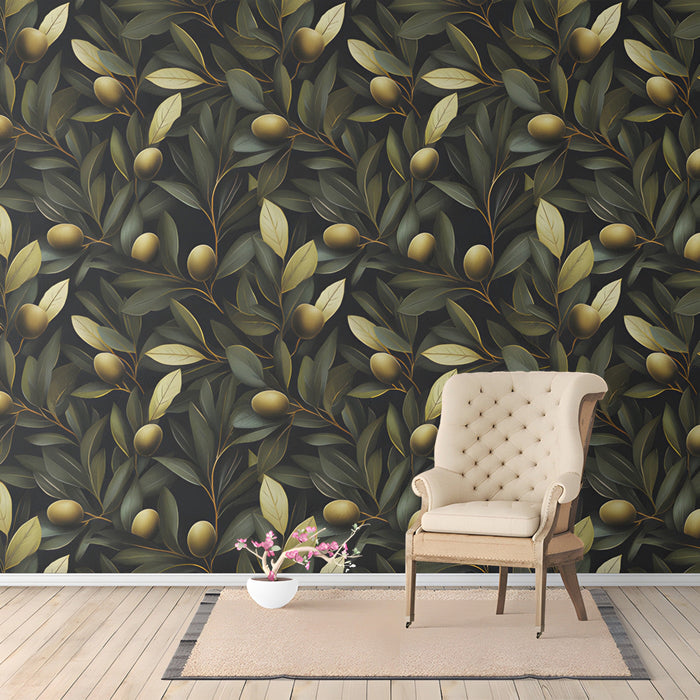 Moody study interior with olive branch botanical wall mural