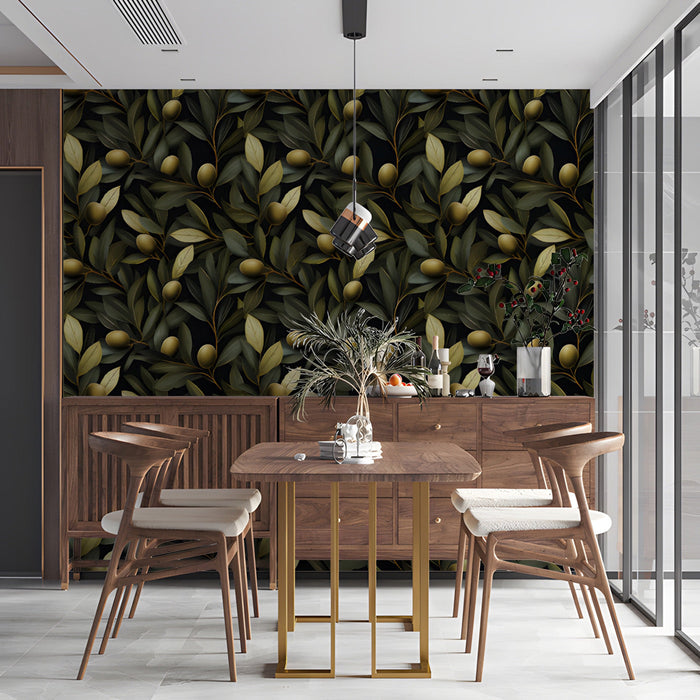 Dining room wall featuring olive branch mural wallpaper with wooden furniture