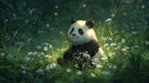 A painterly digital art mural showing a cute panda sitting in a deep green wildflower meadow with glowing golden fireflies.