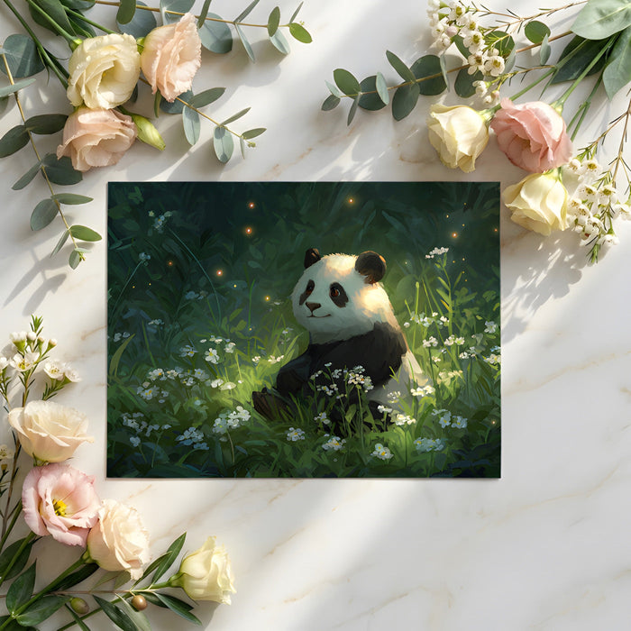 A quiet home office corner featuring a calming panda and wildflower wall mural.