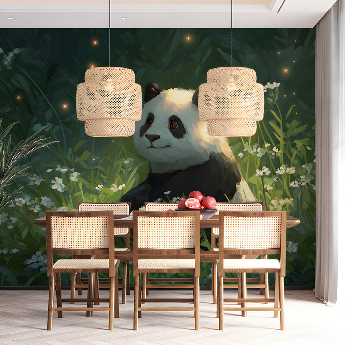 A whimsical dining room with a panda nature mural behind a soft beige headboard.