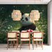 A whimsical dining room with a panda nature mural behind a soft beige headboard.