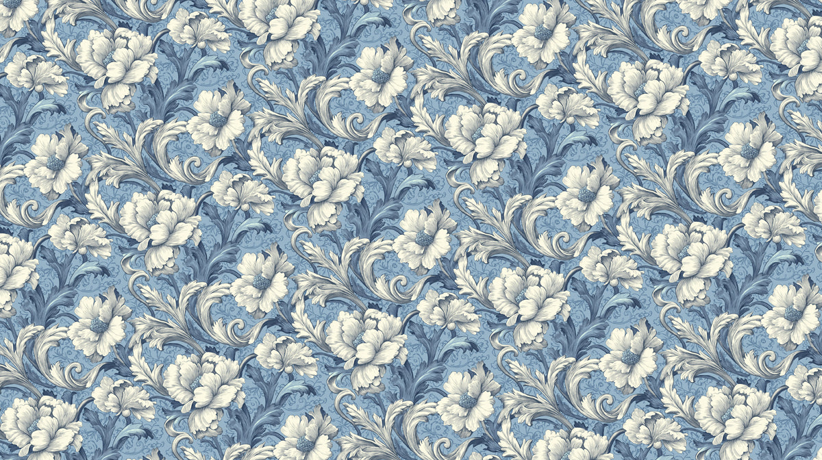 Ornate floral damask wallpaper pattern with cream peonies and swirling dusty blue acanthus leaves.