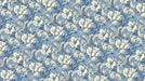 Ornate floral damask wallpaper pattern with cream peonies and swirling dusty blue acanthus leaves.