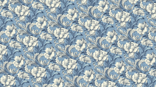Ornate floral damask wallpaper pattern with cream peonies and swirling dusty blue acanthus leaves.