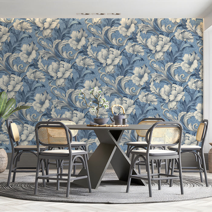 A sophisticated dining room wall covered in vintage floral damask mural in soothing blue tones.