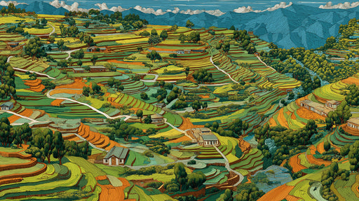 A graphic landscape mural featuring green rice terraces and ochre soil with distant blue mountains in a detailed ink-line style.