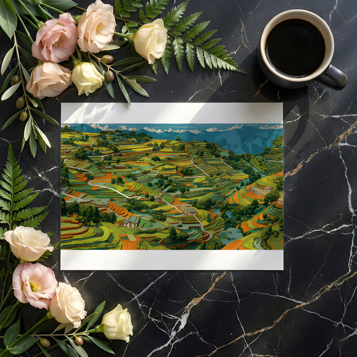 A bright home office featuring a panoramic terraced mountain wallpaper wall as a backdrop for a desk.
