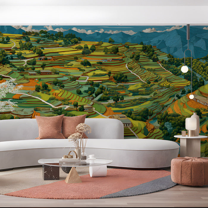 A living room interior with a landscape mural showing rural rice terraces and green rolling hills.