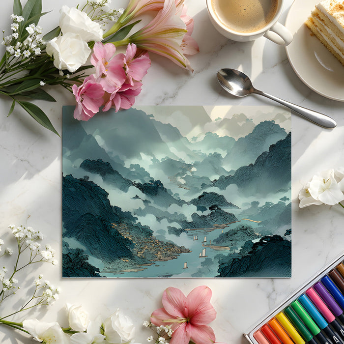 A calming bedroom interior with a teal mountain landscape mural behind a minimalist wooden bed frame.
