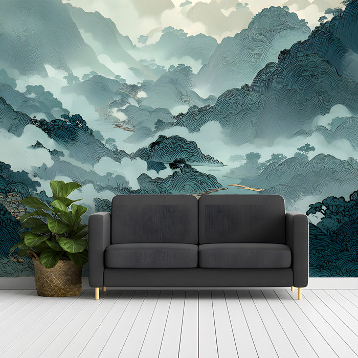 A quiet home office space featuring mountain mural wallpaper to provide a tranquil backdrop.