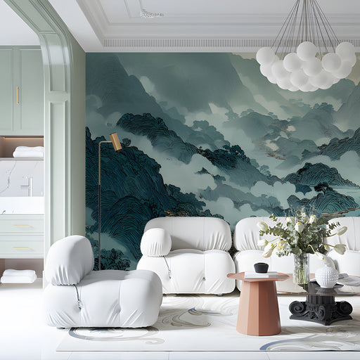 A serene living room featuring a misty mountain landscape wallpaper as a floor-to-ceiling focal point.