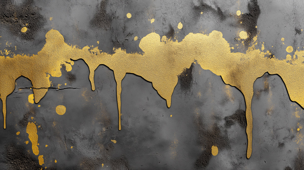 Abstract charcoal gray concrete background with thick metallic gold paint drips and splatter texture
