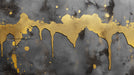 Abstract charcoal gray concrete background with thick metallic gold paint drips and splatter texture