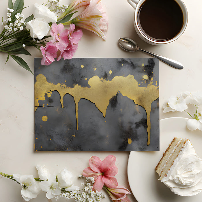 Contemporary home office wall with dramatic black concrete and gold drip wallpaper design