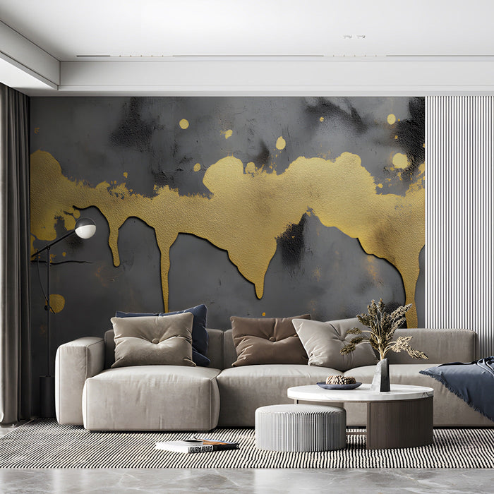 Luxury commercial space feature wall showcasing charcoal textured mural with gold metallic accents
