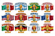 A repeating pattern of world football flags and golden trophies marked 2026 in bold graphic style