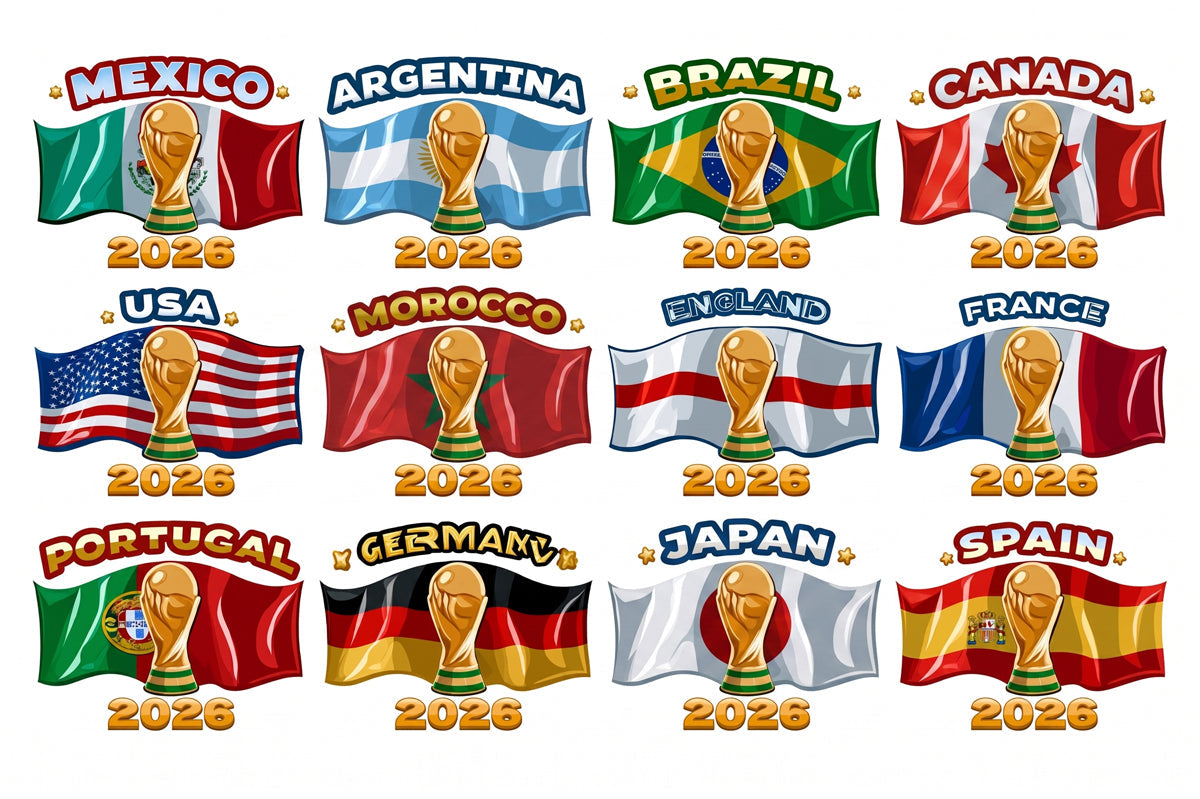 A repeating pattern of world football flags and golden trophies marked 2026 in bold graphic style