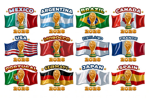 A repeating pattern of world football flags and golden trophies marked 2026 in bold graphic style