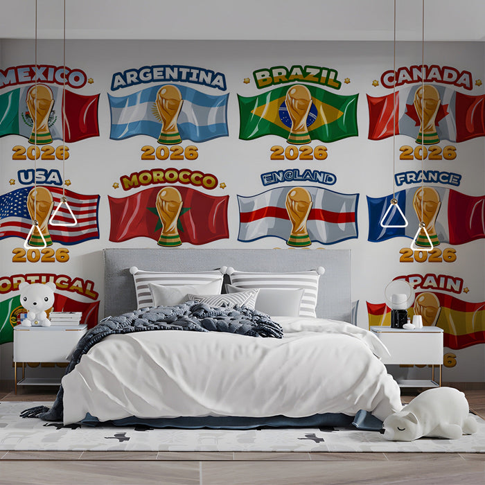 A teen bedroom space with an energetic sports flag and trophy wall mural