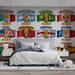 A teen bedroom space with an energetic sports flag and trophy wall mural