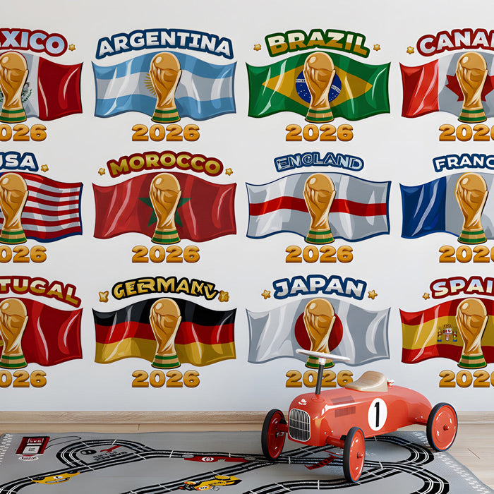 A playroom featuring a vibrant international sports flag mural behind the screen