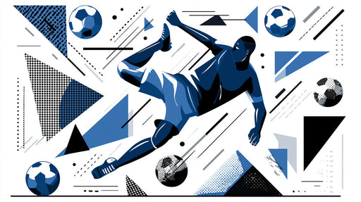 Soccer player in mid-air kick surrounded by blue and black geometric shapes and soccer balls