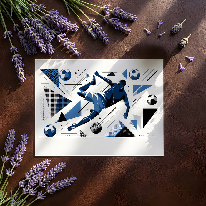 Modern home gym interior decorated with a dynamic blue and white soccer mural