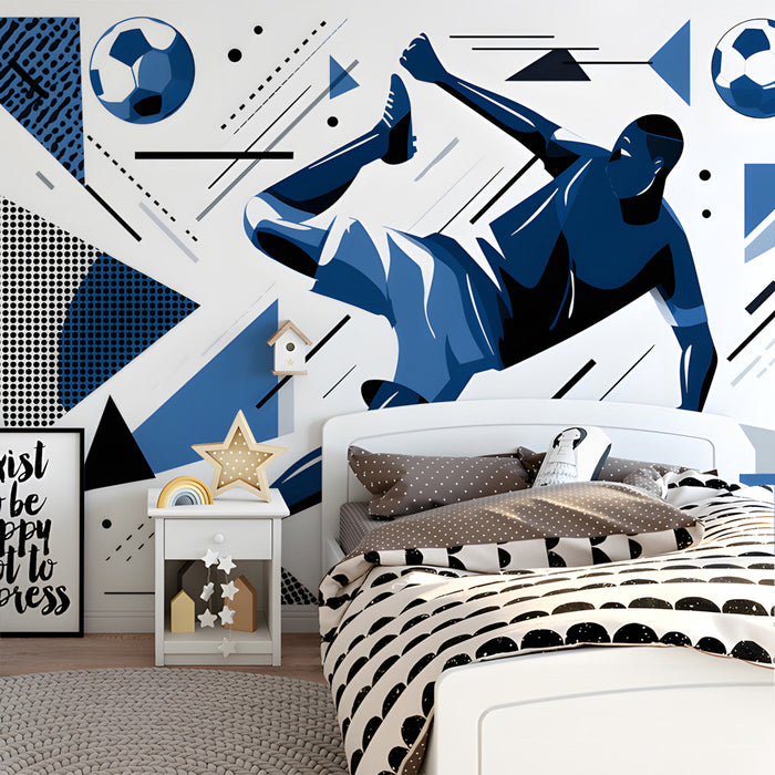Sporty bedroom featuring a soccer action mural on the main feature wall